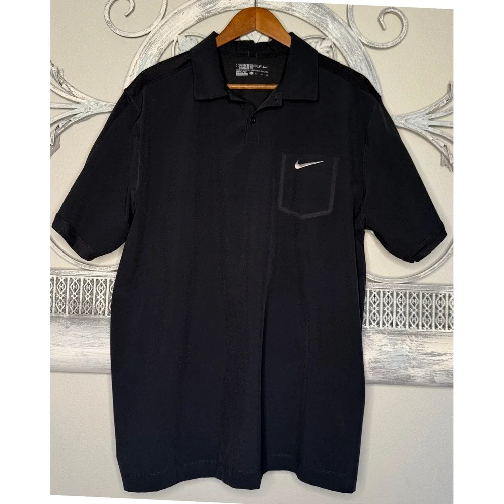 Nike‎ Golf Mens XL Black Dri-FIT Standard Fit Short Sleeve Pocket Polo Shirt EUC